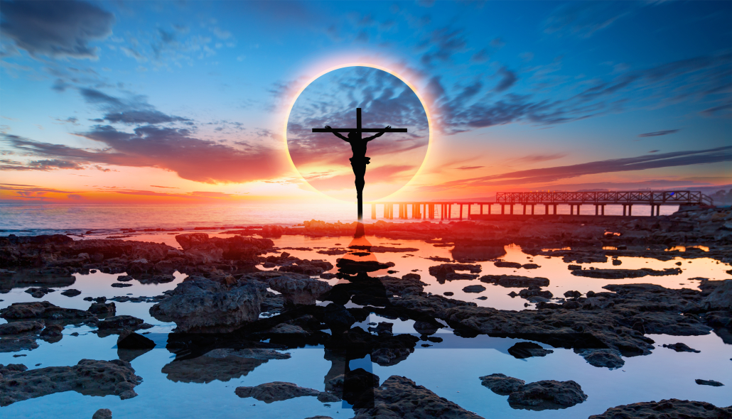 Jesus on the cross is the central them of Christianity. He then rose on the third day which is depicted by the sun rise in the background