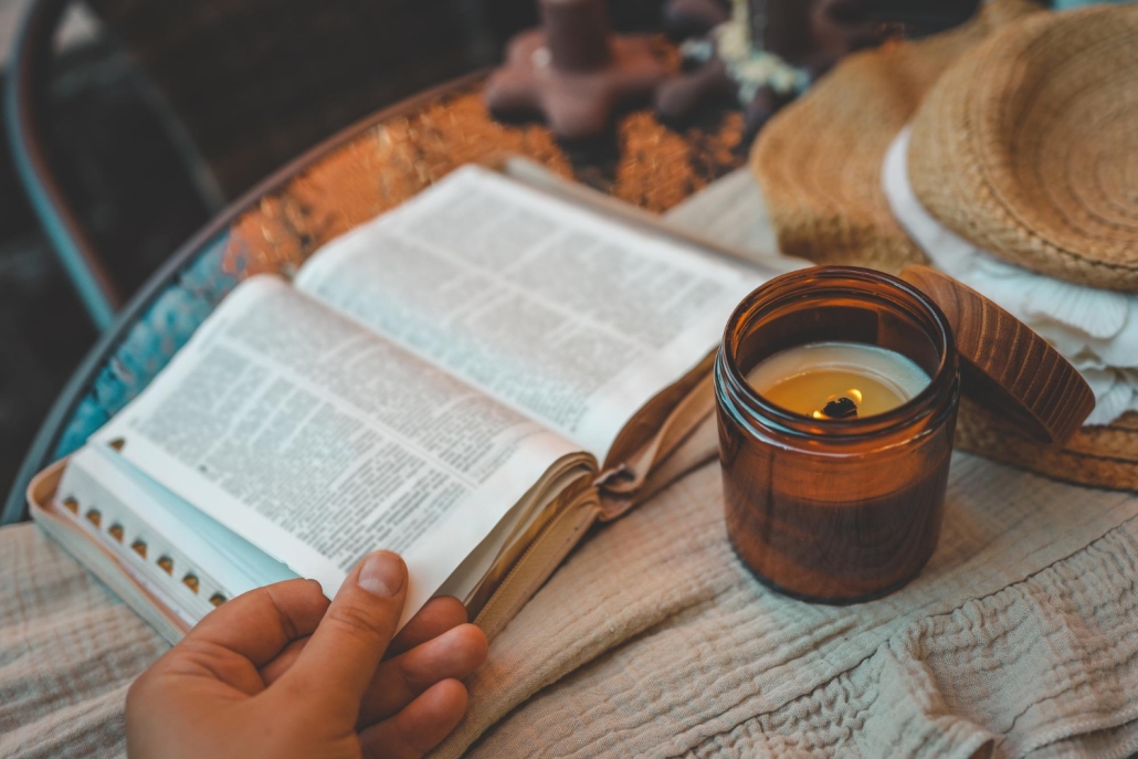 Self-care starts with loving God, then yourself, then others. Here a person is spending time with God