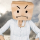 Woman feeling like a fraud where parents feel like imposters with hands on hip and covering head with brown paper bag against blue sky with white clouds