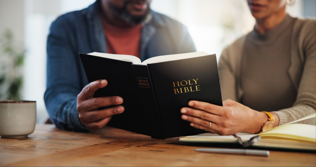 Couple, people and hands with reading bubble for religious or spiritual guidance, belief and knowledge. Relationship, love and Christians with scripture or verse on holy book to worship at home. They are not unequally yoked as friends
