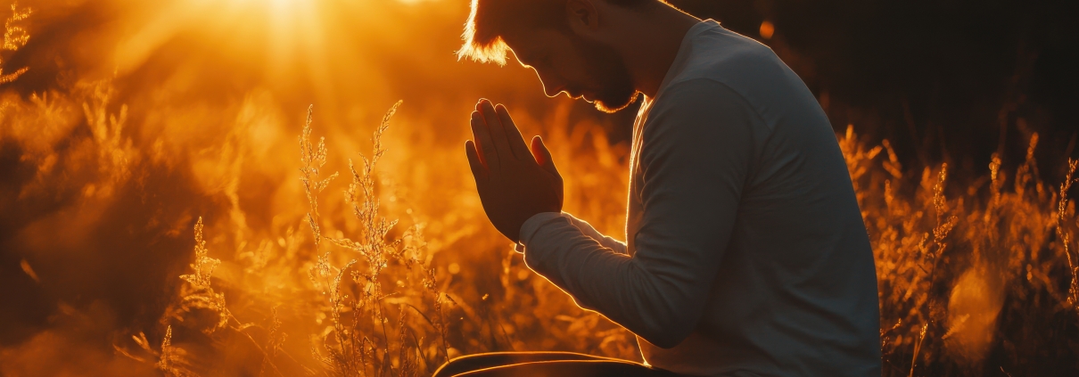 A man with a loyal heart towards God sits cross-legged in a serene field, hands clasped in prayer, soaking in the warmth of the setting sun amidst tall grass.