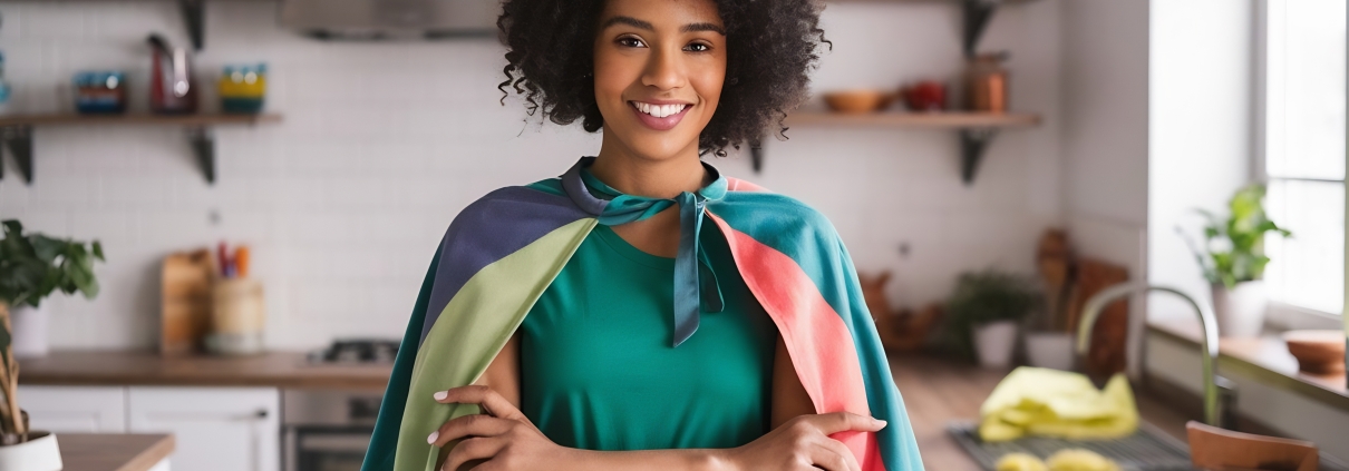 front-view-young-beautiful-housewife-green-shirt-colorful-cape-posing-smiling-white-bac