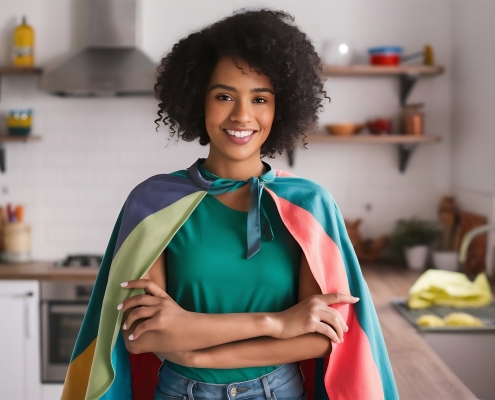 front-view-young-beautiful-housewife-green-shirt-colorful-cape-posing-smiling-white-bac